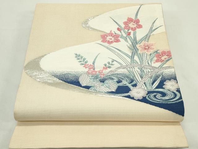平和屋着物*夏物 九寸開き名古屋帯 流水草花文 銀糸 正絹 逸品 CABK6940rv