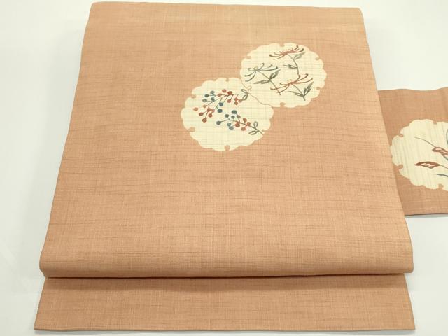 平和屋着物*夏物 九寸名古屋帯 型染め 雪輪草花文 麻 逸品 CABK6962rv