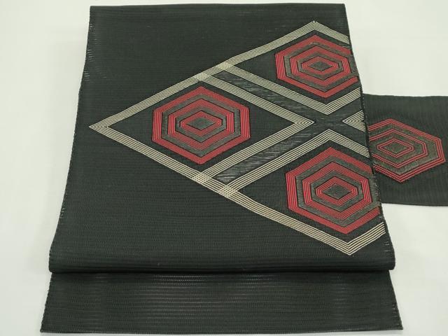 平和屋着物*夏物 八寸古屋帯 絽綴れ 刺繍 菱亀甲文 黒地 正絹 逸品 CABK7040rv