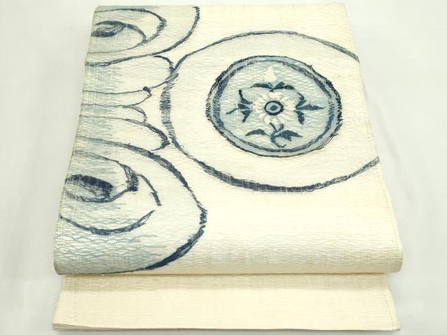 平和屋着物*夏物 太鼓柄袋帯 すくい織 藍 花絵皿文 銀糸 正絹 逸品 CABK7072rv