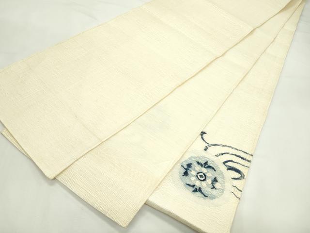 平和屋着物*夏物 太鼓柄袋帯 すくい織 藍 花絵皿文 銀糸 正絹 逸品 CABK7072rv