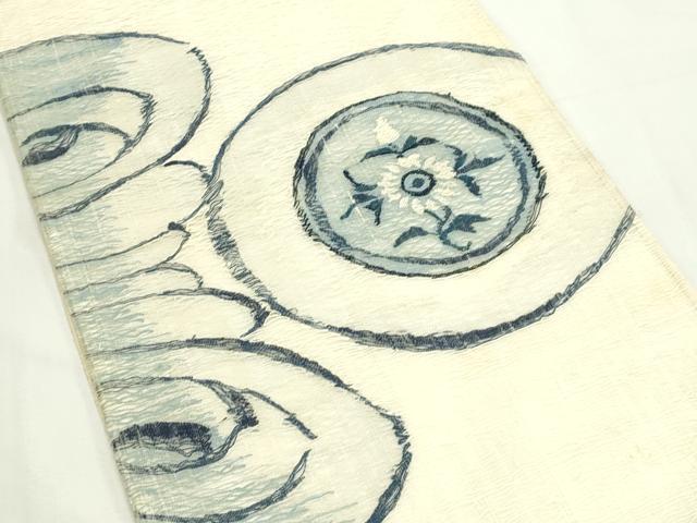 平和屋着物*夏物 太鼓柄袋帯 すくい織 藍 花絵皿文 銀糸 正絹 逸品 CABK7072rv