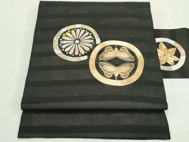 平和屋着物*夏物 九寸名古屋帯 駒刺繍 花蝶丸文 黒地 金銀彩 正絹 逸品 CABK7109rv