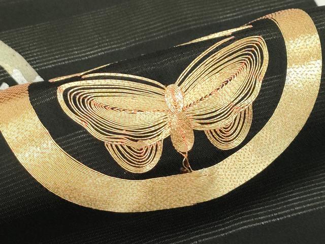 平和屋着物*夏物 九寸名古屋帯 駒刺繍 花蝶丸文 黒地 金銀彩 正絹 逸品 CABK7109rv