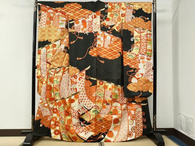 平和屋着物●豪華振袖 駒刺繍 雲取り几帳双鶴花松文 黒地 金彩 正絹 逸品 CABK7220yc