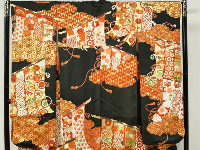平和屋着物●豪華振袖 駒刺繍 雲取り几帳双鶴花松文 黒地 金彩 正絹 逸品 CABK7220yc