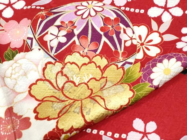 平和屋着物●豪華振袖 駒刺繍 毬牡丹花文 金彩 京都きもの友禅扱い 正絹 逸品 CABK7223yc