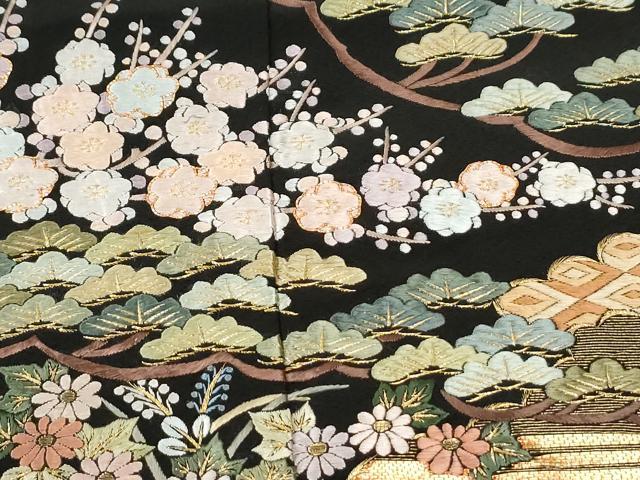 平和屋着物●京繍作家 合田峰太郎 黒留袖 総刺繍 駒刺繍 雲取り吉祥松竹梅花文 金糸 正絹 逸品 CABK7241yc