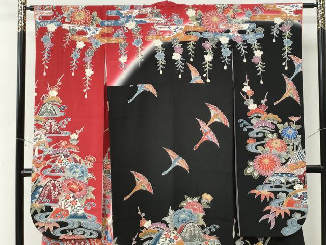 平和屋着物●豪華振袖 紅型 飛鶴流水松竹梅花文 暈し染め 黒地 正絹 逸品 CABK7273yc