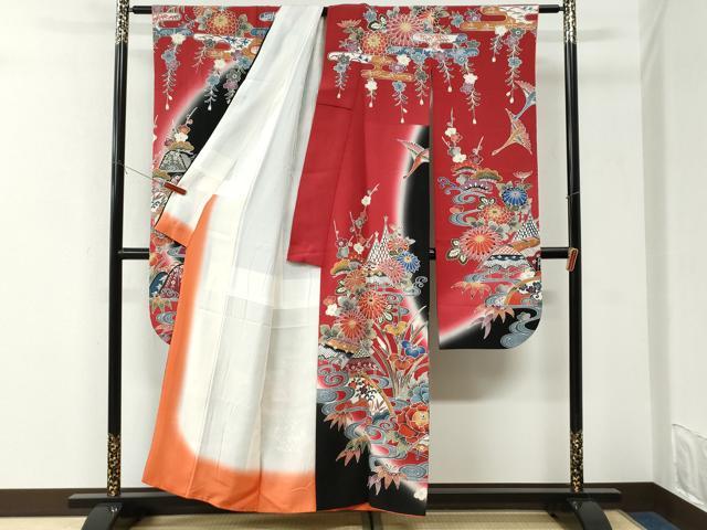 平和屋着物●豪華振袖 紅型 飛鶴流水松竹梅花文 暈し染め 黒地 正絹 逸品 CABK7273yc
