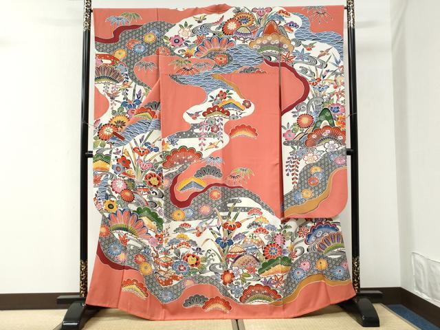 平和屋着物●豪華振袖 紅型 飛鳥松竹梅竜田川風景文 正絹 逸品 CABK7279yc