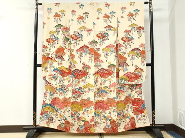 平和屋着物●豪華振袖 型染め 雲取り飛鳥花松文 鬼しぼ縮緬 正絹 逸品 CABK7302yc