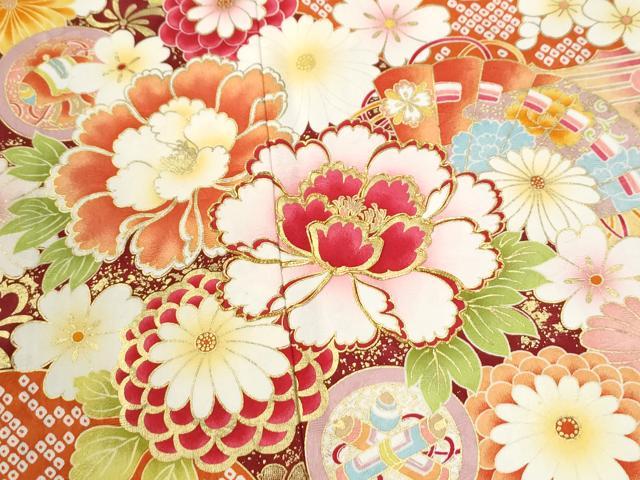 平和屋着物●豪華振袖 駒刺繍 檜扇牡丹舞花文 暈し染め 金彩 正絹 逸品 CABK7316yc