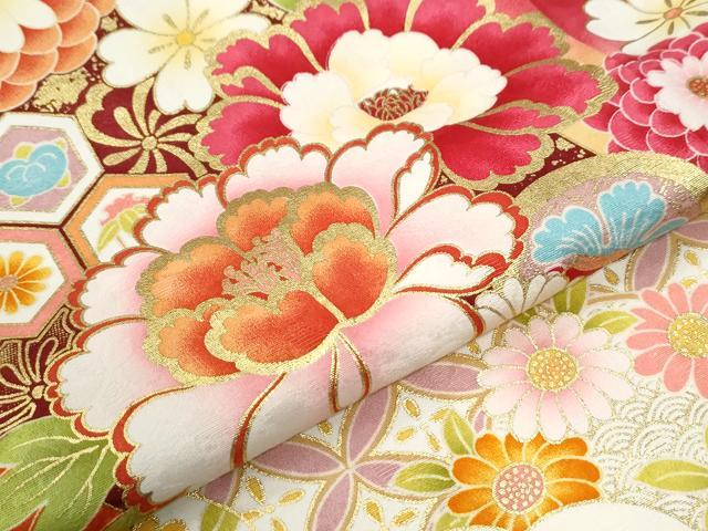 平和屋着物●豪華振袖 駒刺繍 檜扇牡丹舞花文 暈し染め 金彩 正絹 逸品 CABK7316yc