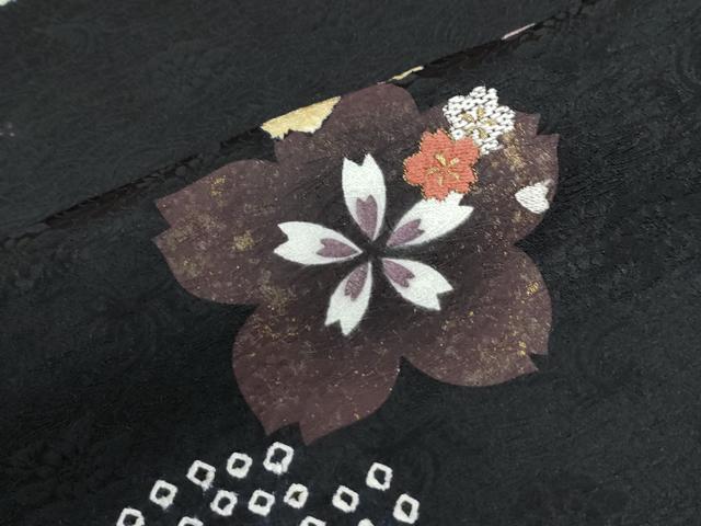 平和屋着物●訪問着 駒刺繍 絞り ぽっくり下駄 舞桜文 黒地 正絹 逸品 CABK7356yc