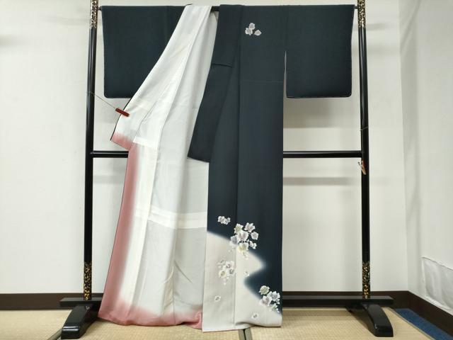 平和屋着物●訪問着 胡蝶蘭 紺地 暈し染め 正絹 逸品 未使用 CABK7382yc
