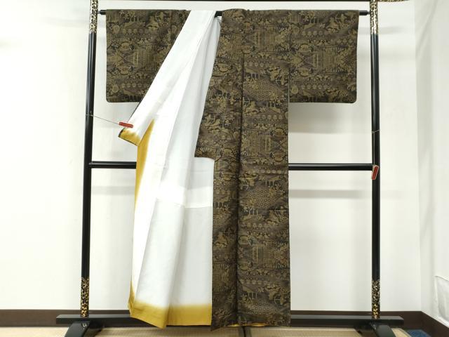 平和屋着物●本場大島紬 9マルキ 狩猟花鳥更紗唐草文 正絹 逸品 CABK7389yc
