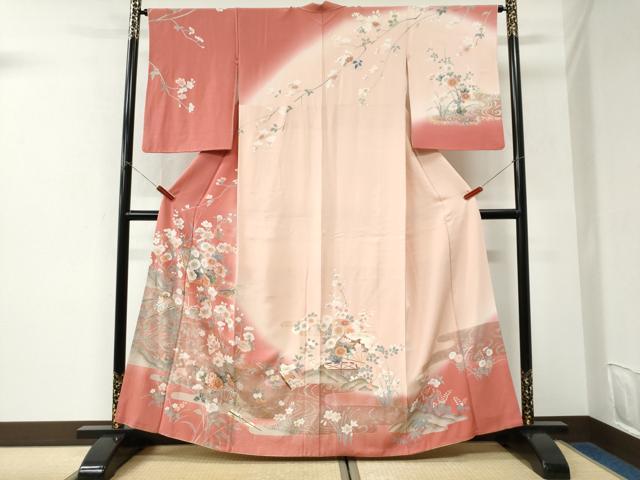 平和屋着物●訪問着 流水扇面冊子鶴草花文 暈し染め 金彩 正絹 逸品 CABK7394yc