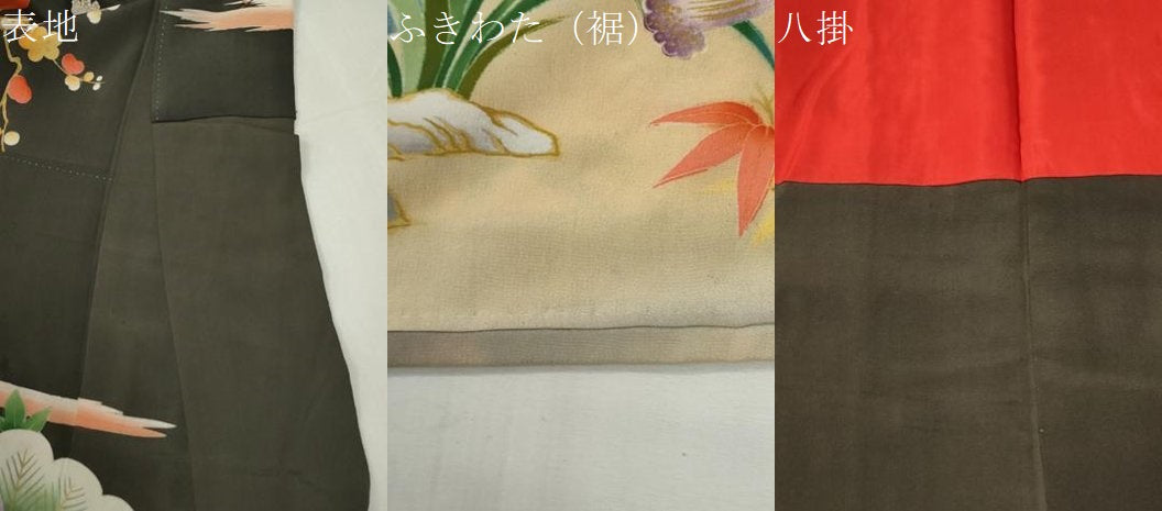 平和屋本店●アンティーク 大正ロマン 振袖 駒刺繍 御所車鳳凰檜扇花文 黒地 金彩 正絹 逸品 CABK7435yc