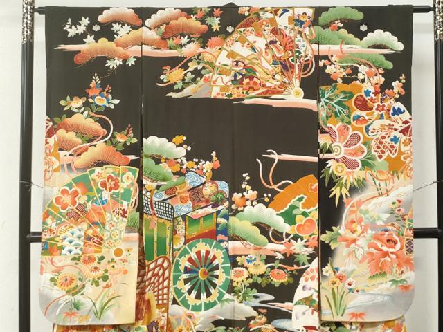 平和屋本店●アンティーク 大正ロマン 振袖 駒刺繍 御所車鳳凰檜扇花文 黒地 金彩 正絹 逸品 CABK7435yc