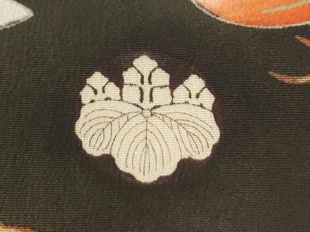 平和屋本店●アンティーク 大正ロマン 振袖 駒刺繍 御所車鳳凰檜扇花文 黒地 金彩 正絹 逸品 CABK7435yc