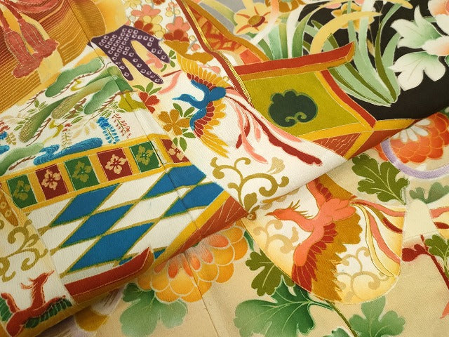 平和屋本店●アンティーク 大正ロマン 振袖 駒刺繍 御所車鳳凰檜扇花文 黒地 金彩 正絹 逸品 CABK7435yc