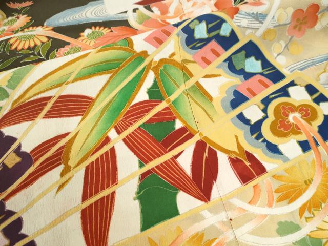 平和屋本店●アンティーク 大正ロマン 振袖 駒刺繍 御所車鳳凰檜扇花文 黒地 金彩 正絹 逸品 CABK7435yc