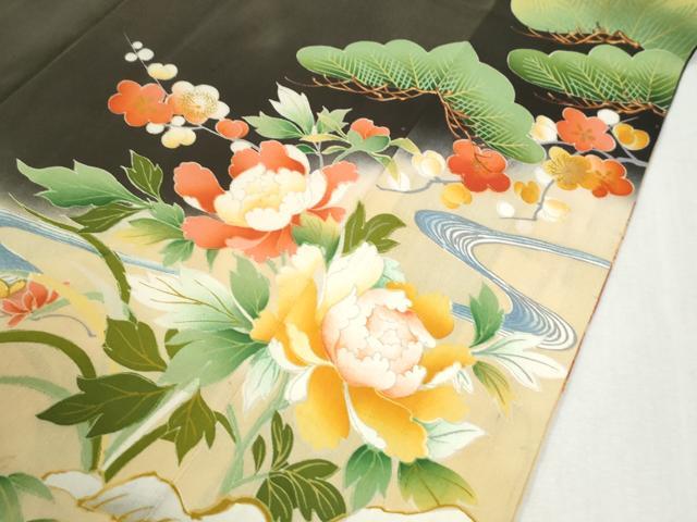 平和屋本店●アンティーク 大正ロマン 振袖 駒刺繍 御所車鳳凰檜扇花文 黒地 金彩 正絹 逸品 CABK7435yc