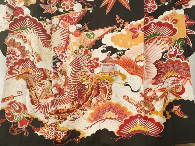 平和屋本店●アンティーク 大正ロマン 振袖 駒刺繍 飛鶴宝尽くし花松文 黒地 金彩 正絹 逸品 CABK7436yc