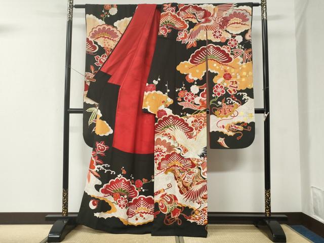 平和屋本店●アンティーク 大正ロマン 振袖 駒刺繍 飛鶴宝尽くし花松文 黒地 金彩 正絹 逸品 CABK7436yc