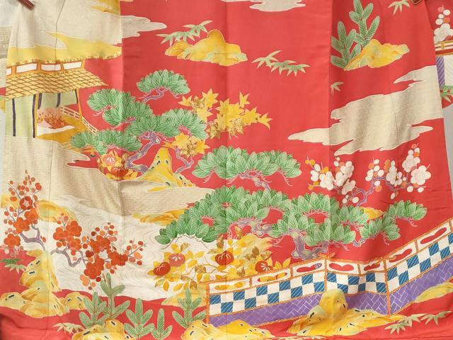 平和屋本店●アンティーク 大正ロマン 振袖 駒刺繍 雲取り松竹梅橘風景花文 金彩 正絹 逸品 CABK7437yc