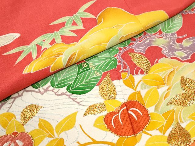 平和屋本店●アンティーク 大正ロマン 振袖 駒刺繍 雲取り松竹梅橘風景花文 金彩 正絹 逸品 CABK7437yc