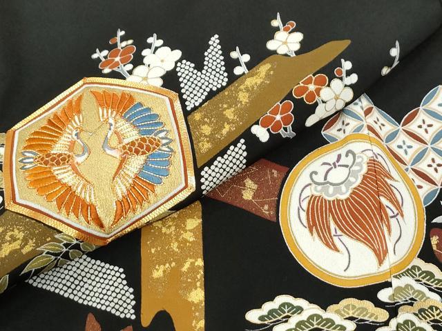 平和屋着物●創業460年・千總 黒留袖 駒刺繍 双鶴宝尽くし花松文 金彩 正絹 逸品 CABK7454yc