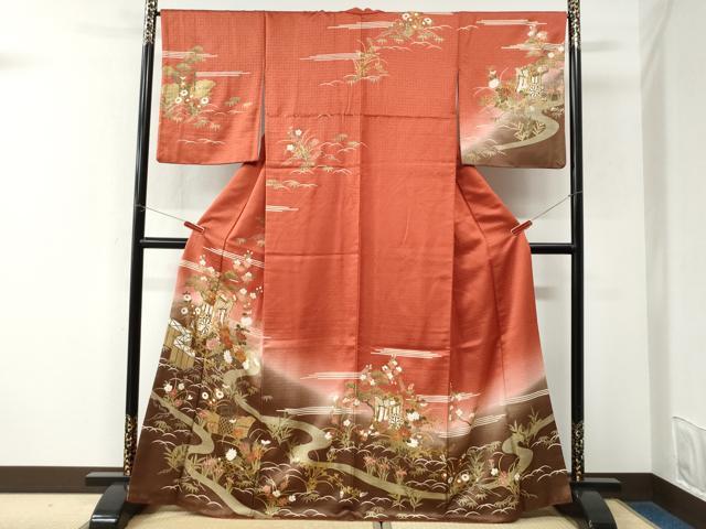 平和屋着物●訪問着 駒刺繍 御所車流水松竹梅籬花文 暈し染め 金彩 正絹 逸品 CABK7464yc