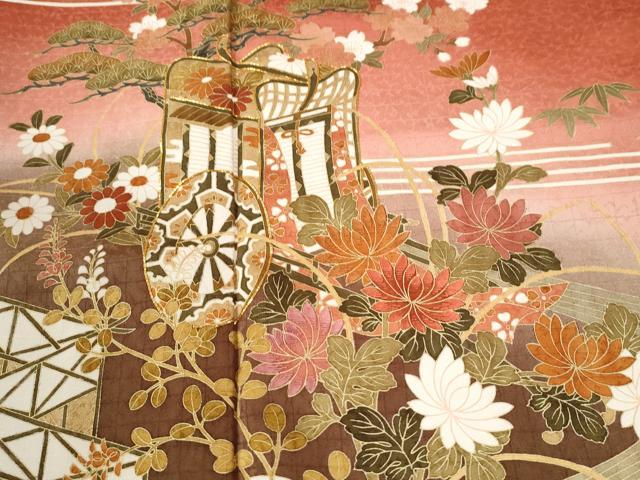 平和屋着物●訪問着 駒刺繍 御所車流水松竹梅籬花文 暈し染め 金彩 正絹 逸品 CABK7464yc