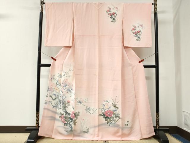 平和屋着物●訪問着 友禅 休み鳥御所車枝花文 暈し染め 鬼しぼ縮緬 正絹 逸品 CABK7472yc