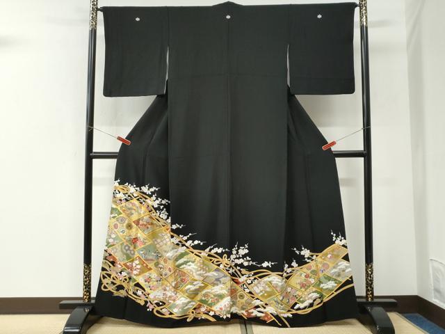 平和屋着物●豪華黒留袖 駒刺繍 吉祥草花文 金彩 正絹 逸品 CABK7489yc