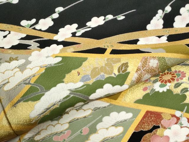 平和屋着物●豪華黒留袖 駒刺繍 吉祥草花文 金彩 正絹 逸品 CABK7489yc