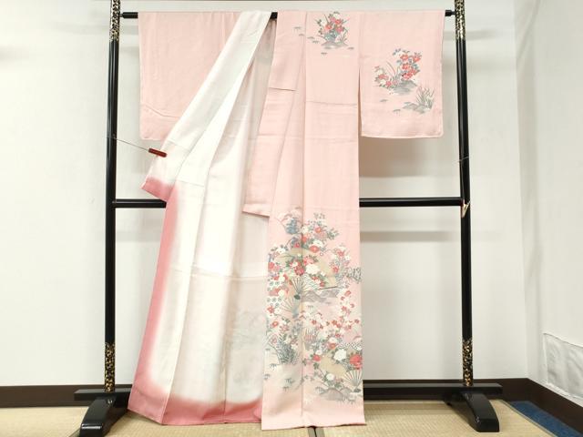 平和屋着物●訪問着 友禅 扇面草花文 暈し染め 正絹 逸品 未使用 CABK7494yc