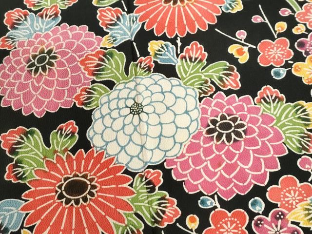 平和屋着物●豪華振袖 紅型 竹垣松竹梅花文 黒地 鬼しぼ縮緬 正絹 逸品 CABK7527yc