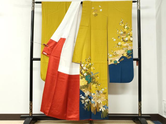 平和屋着物●豪華振袖 駒刺繍 横笛宝尽くし牡丹花文 ラメ糸 金彩 正絹 逸品 CABK7535yc