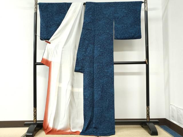 平和屋着物●上質な小紋 藍 型染め 流水草花文 鬼しぼ縮緬 ロング丈 正絹 逸品 CABK7572yc