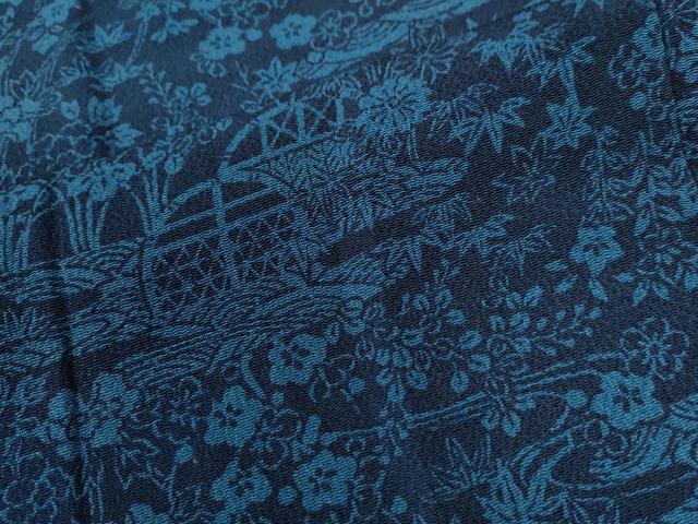 平和屋着物●上質な小紋 藍 型染め 流水草花文 鬼しぼ縮緬 ロング丈 正絹 逸品 CABK7572yc