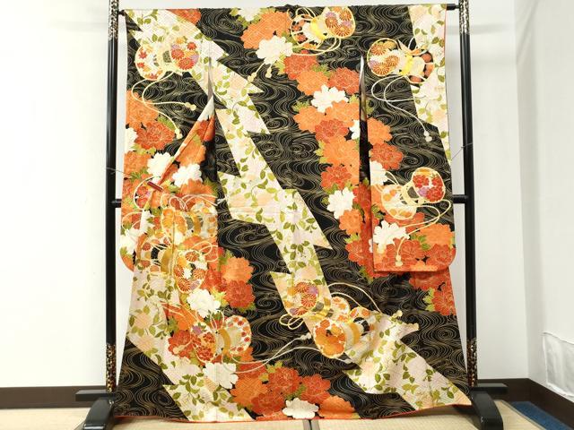 平和屋着物●豪華振袖 駒刺繍 鼓牡丹花文 黒地 金彩 正絹 逸品 CABK7640yc