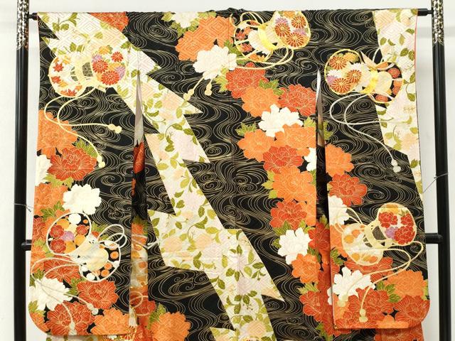 平和屋着物●豪華振袖 駒刺繍 鼓牡丹花文 黒地 金彩 正絹 逸品 CABK7640yc