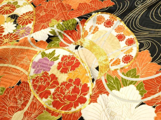 平和屋着物●豪華振袖 駒刺繍 鼓牡丹花文 黒地 金彩 正絹 逸品 CABK7640yc