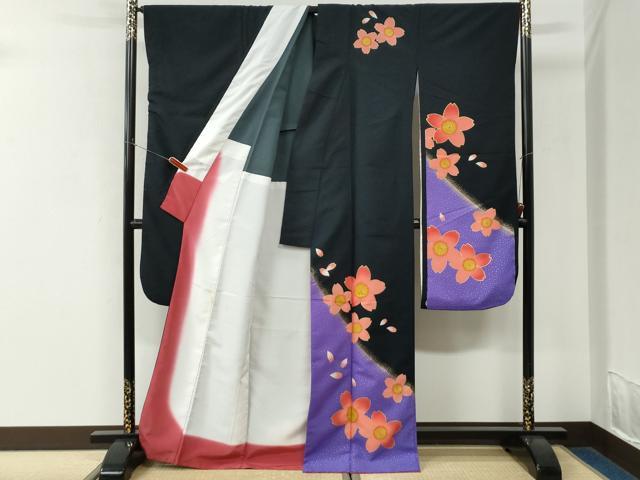 平和屋着物●振袖 背抜き仕立て 舞桜文 黒地 金彩 洗える着物 CABK7645yc
