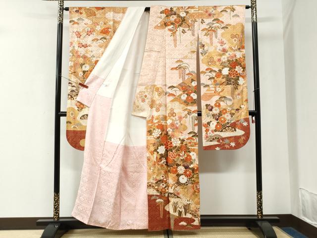 平和屋着物●豪華振袖 片輪車檜扇舞蝶鴛鴦花車文 金彩 正絹 逸品 CABK7646yc