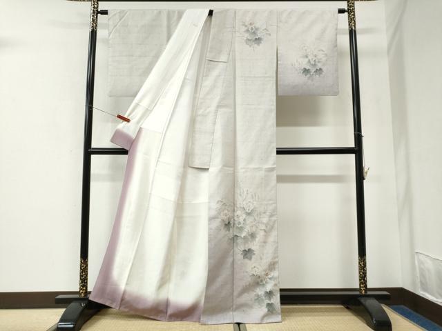 平和屋着物●訪問着 紬地 作家物 手描き 草花文 正絹 逸品 CABK7652yc