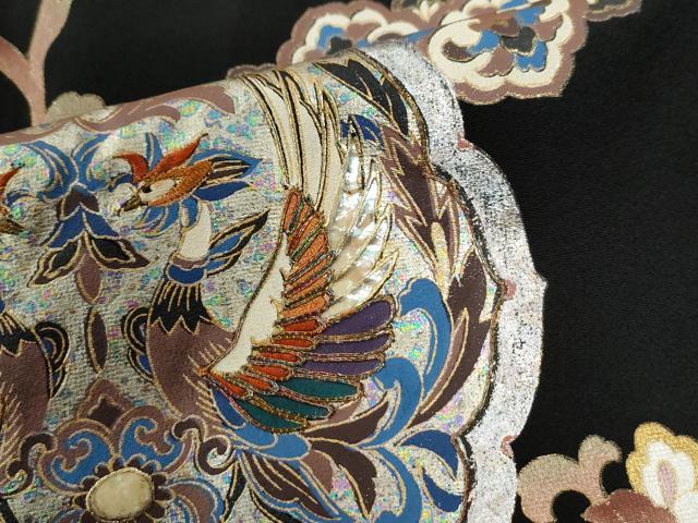 平和屋着物●豪華黒留袖 螺鈿 鳳凰更紗花葡萄花唐草文 暈し染め 金銀彩 正絹 逸品 CABK7653yc